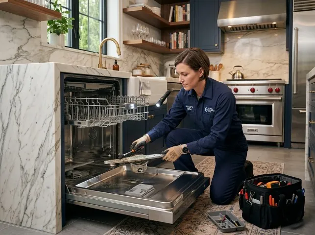 Appliance Repair Hero technician servicing a built-in dishwasher in a Berkey, OH kitchen