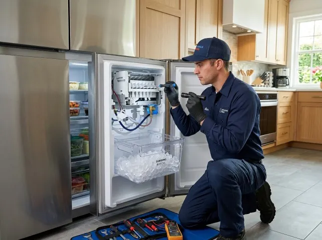 Appliance Repair Hero technician repairing a refrigerator ice maker in Berkey, OH