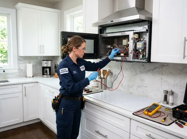 Appliance Repair Hero technician testing an over-the-range microwave in a Berkey, OH kitchen