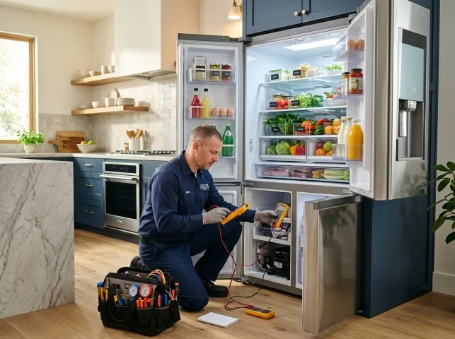 Appliance Repair Hero refrigerator technician testing a fridge on a Berkey, OH service call